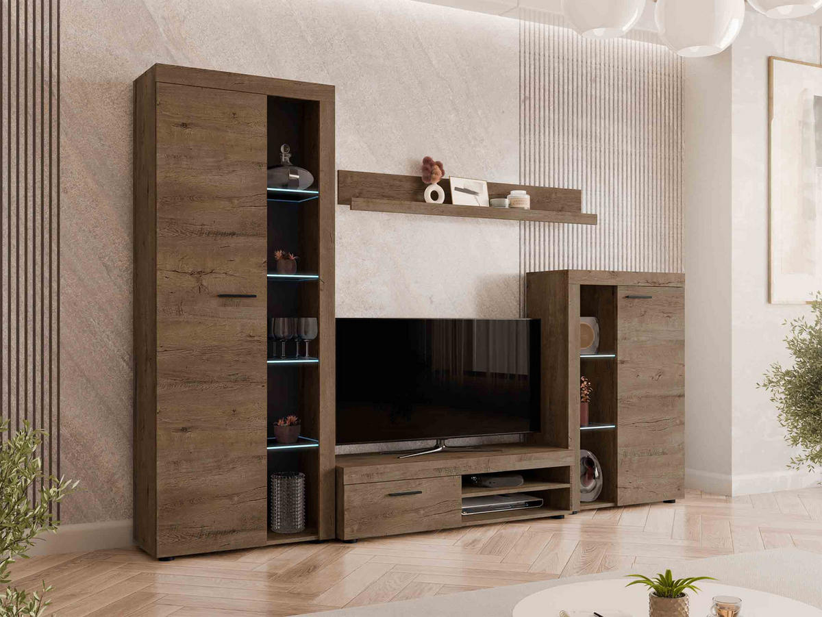 WOHNWAND Rumba mit LED Beleuchtung - Eichefarben, Holzwerkstoff (270/190/43cm) - MIRJAN24