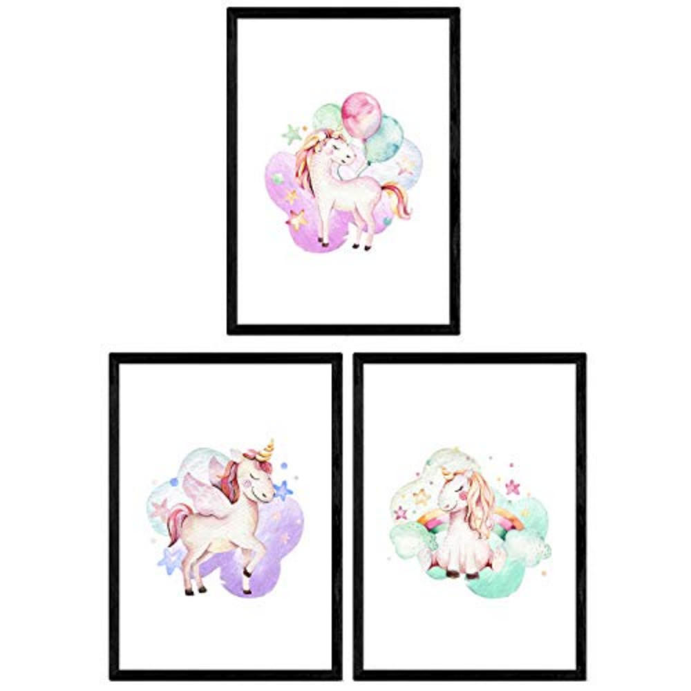 POSTER Set Mit 3 Kinder Tiere Einhorn Regenbogen A3 Rahmenlos - Klar, Papier (29.7/5/42cm) - Nacnic