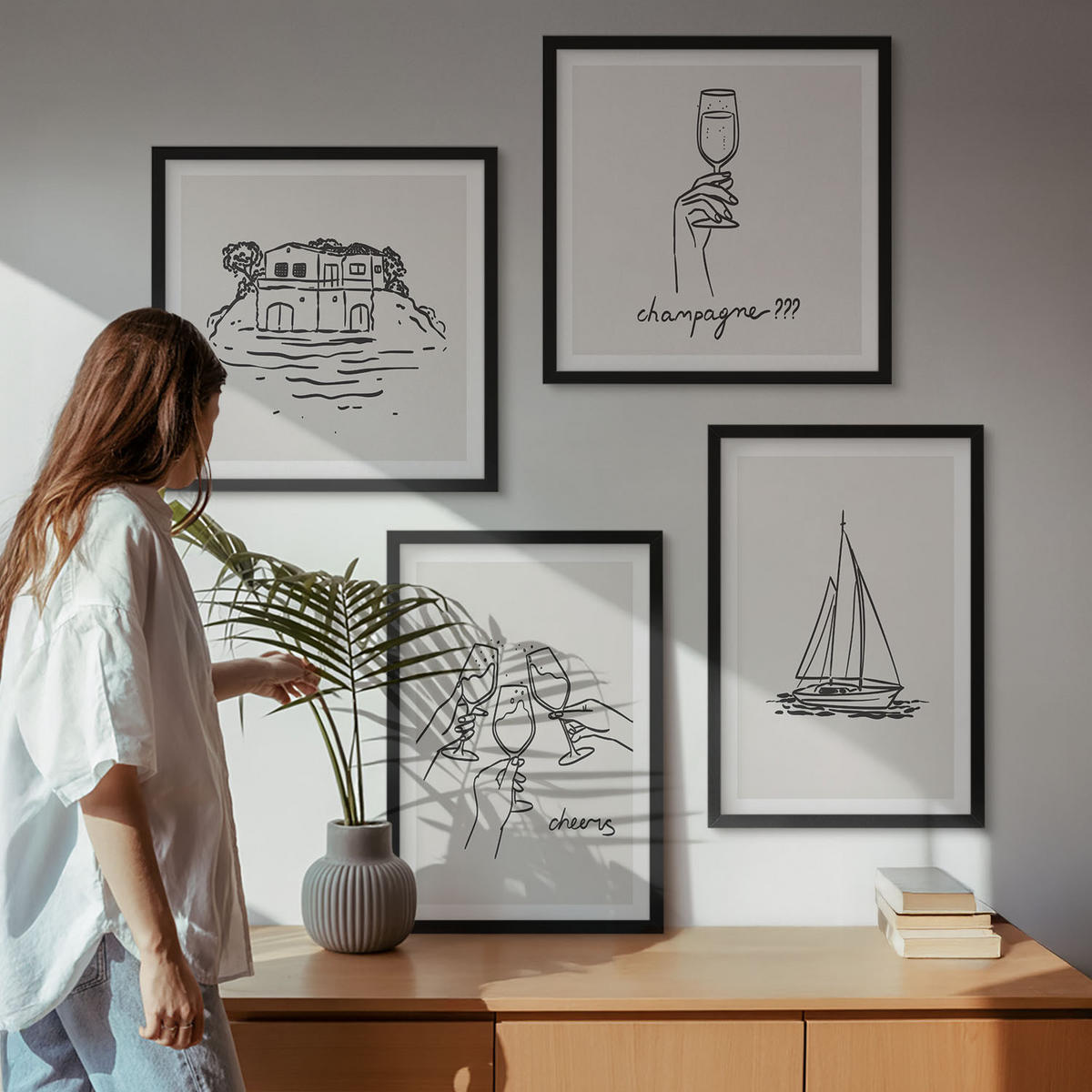BILDER SET 4er Set - 50x50 cm & 40x60 cm Schwarzer Rahmen - Haus am Wasser, Toastsegelboot - Schwarz, Kunststoff (50/50cm) - TULUP