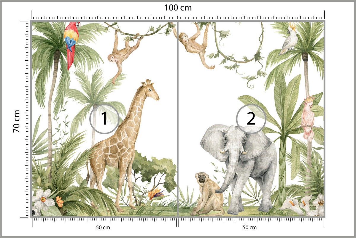 FOTOTAPETE für Kinderzimmer Dschungel Tiere Giraffe Elefant Palmen 100x70 - Beige/Rot, Papier (100/70cm) - Muralo