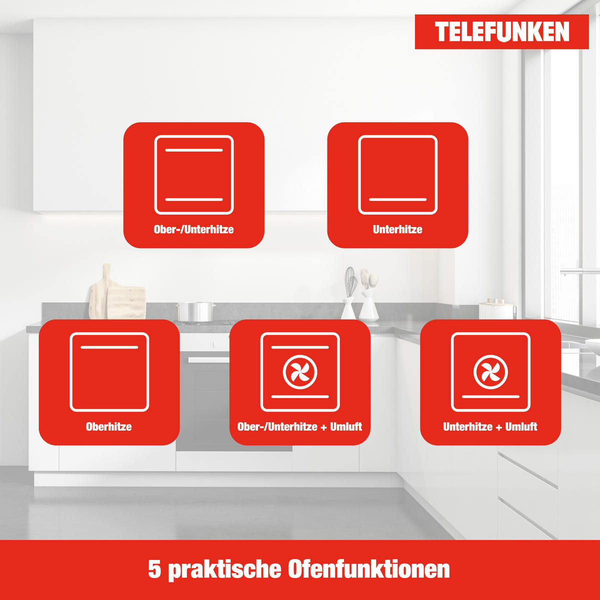 EINBAUBACKOFEN autark, 78 Liter, 60 cm Backofen, Hot Air Shield, Umluft/Ober-Unterhitze, 5 Funktionen - Schwarz, Metall (59.5/59.5/55cm) - Telefunken