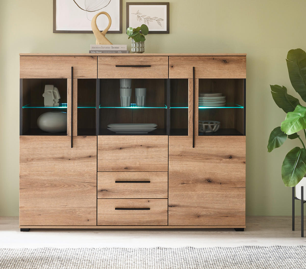 HIGHBOARD Eiche Evoke, Anrichte 160 cm mit Beleuchtung - Eichefarben/Schwarz, Glas/Holzwerkstoff (160/126/42cm) - Furn.Design