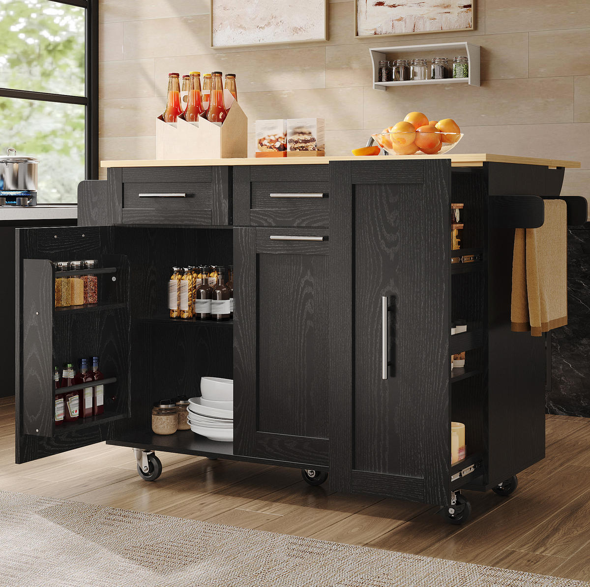 KÜCHENINSEL 110/46/90,5 cm Schwarz aus MDF und Metall mit klappbarer Tischplatte - Schwarz, Holzwerkstoff (74/90.5/110cm) - OKMYHOME