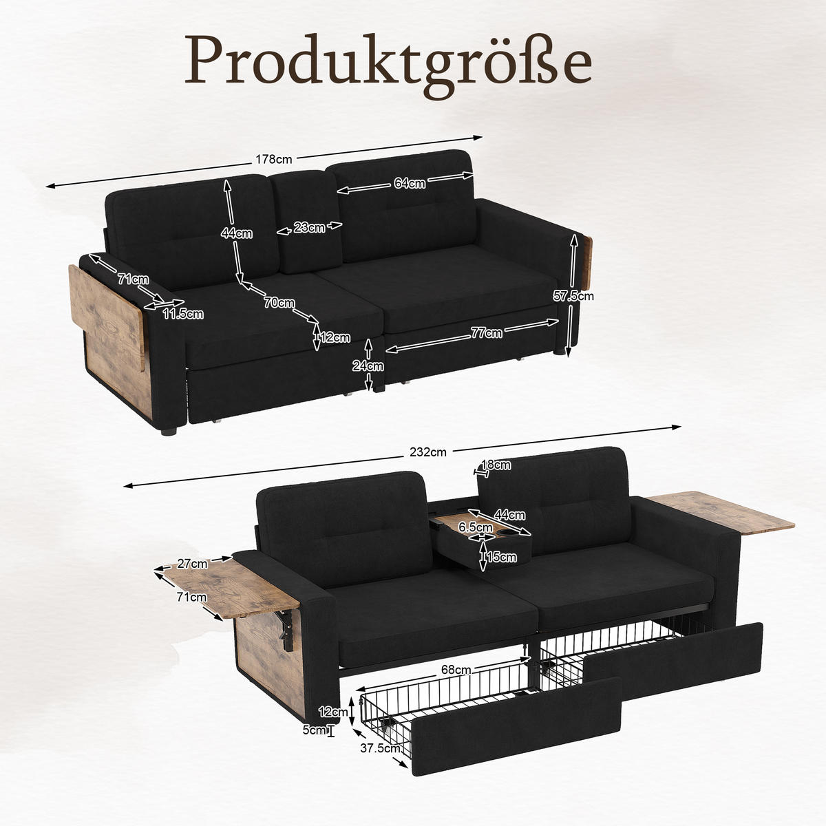 2-SITZER-SOFA mit Laptop-Tisch und Stauraum, DE-42611, Schwarz - Schwarz, Metall (178/57.5/71cm) - ComfortXL