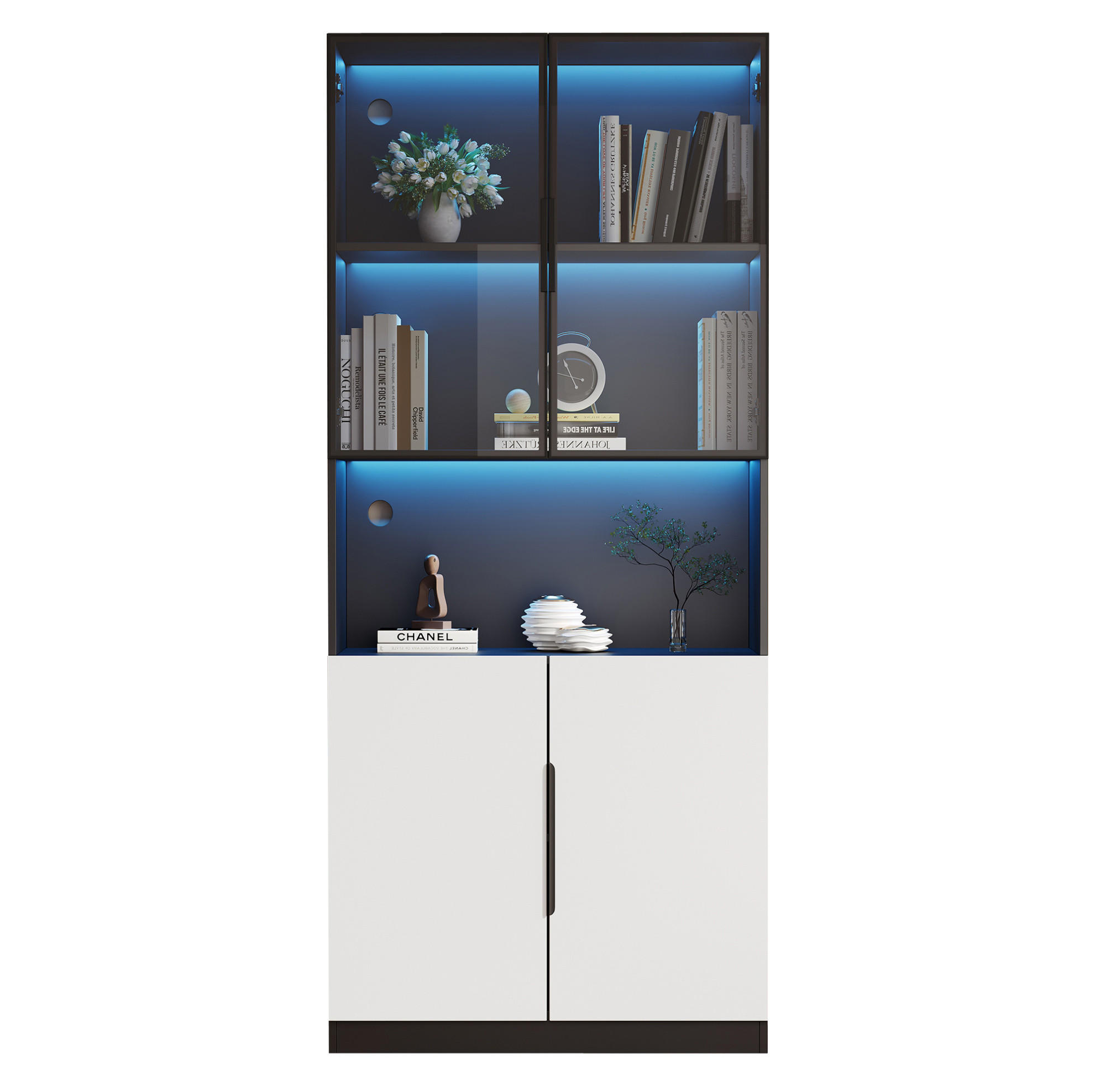 VITRINE aus Spanplatte 160x30x200 cm Weiß mit schwarzer Dekorleiste, LED-Beleuchtung, Glastüren und verstellbarem Einlegeboden - Weiß, Holzwerkstoff (30/200/160cm) - Modfu