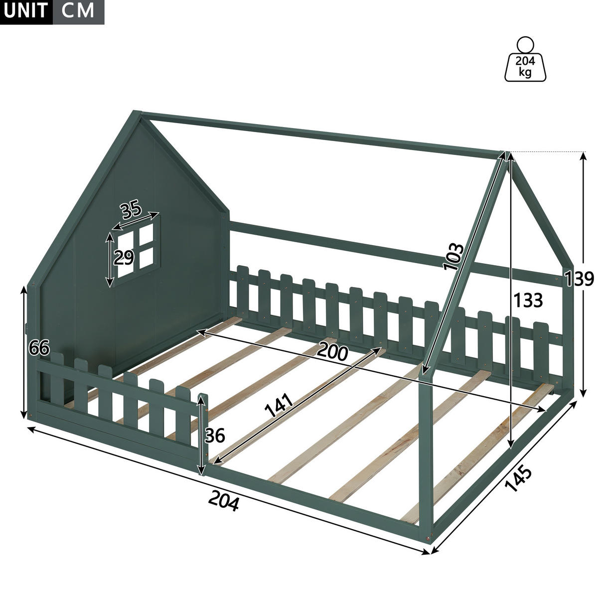 DETSKÁ posteľ z borovice a MDF 140x200 cm zelená s domčekovým rámom a bezpečnostným zábradlím - zelená, kompozitné drevo (140/200cm) - Modfu