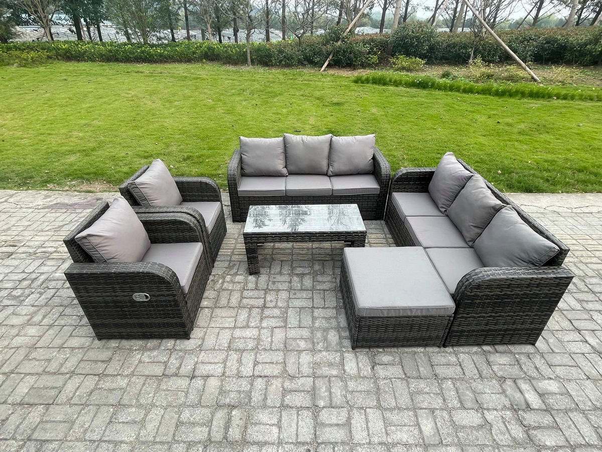GARTENSOFA SET mit rechteckigem COUCHTISCH Polyrattan 9-Sitzer Dunkelgrau - Dunkelgrau/Grau, Glas/Kunststoff - Fimous