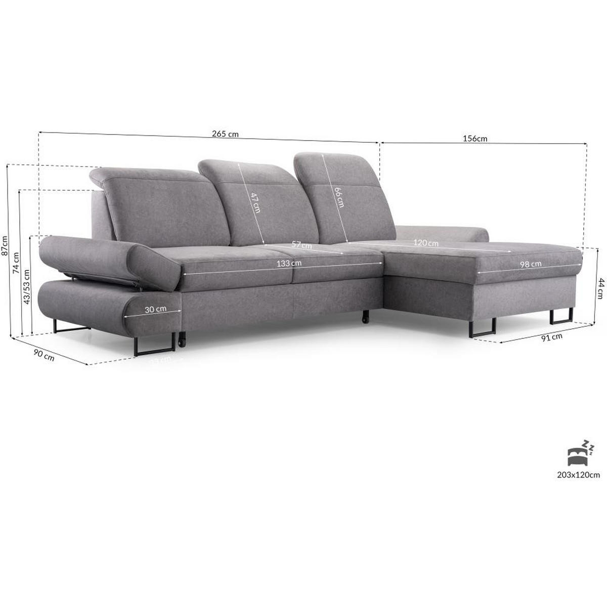 ECKSCHLAFSOFA Karo mit verstellbaren Kopfstützen Graphit links - Schwarz/Graphitfarben, Textil/Metall (265/156cm) - Beautysofa