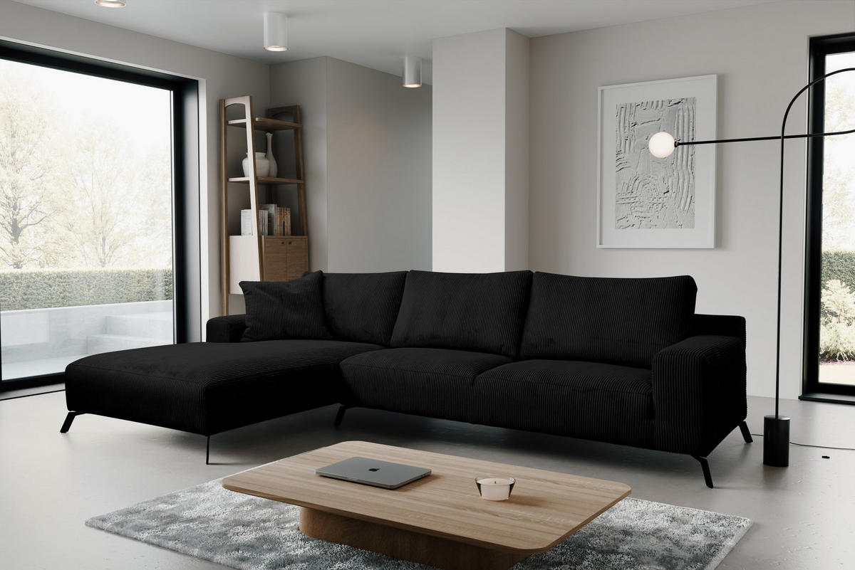 ECKSOFA Aspen in L-Form, Coach Farbe: Schwarz, Cordstoff, Ottomane Links - Schwarz, Textil (187/312cm) - VENASI MÖBEL
