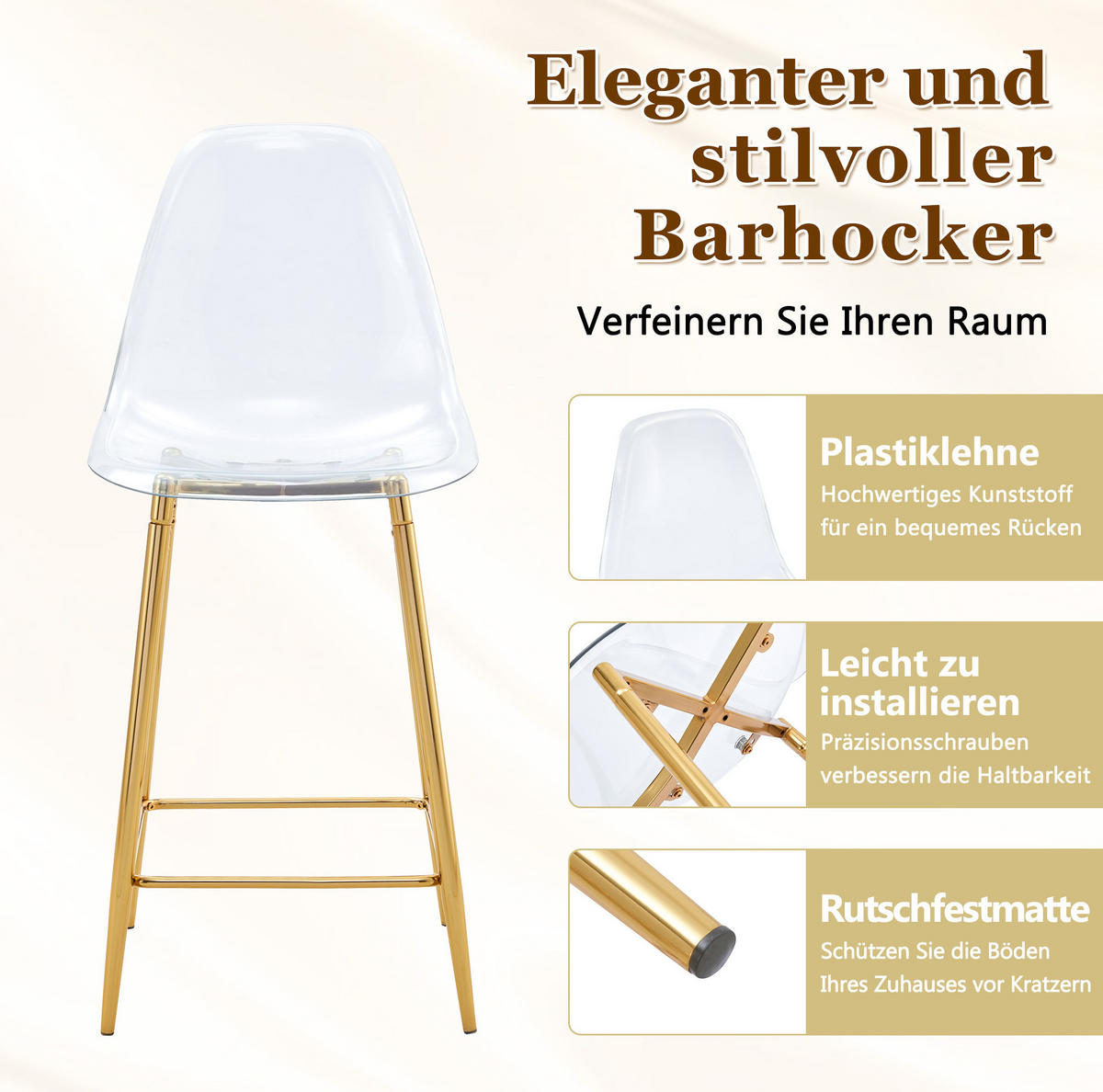 BARHOCKER Transparent mit goldfarbenem Metallgestell und Fußstütze - Goldfarben, Kunststoff (45/102/51cm) - MIVRAY