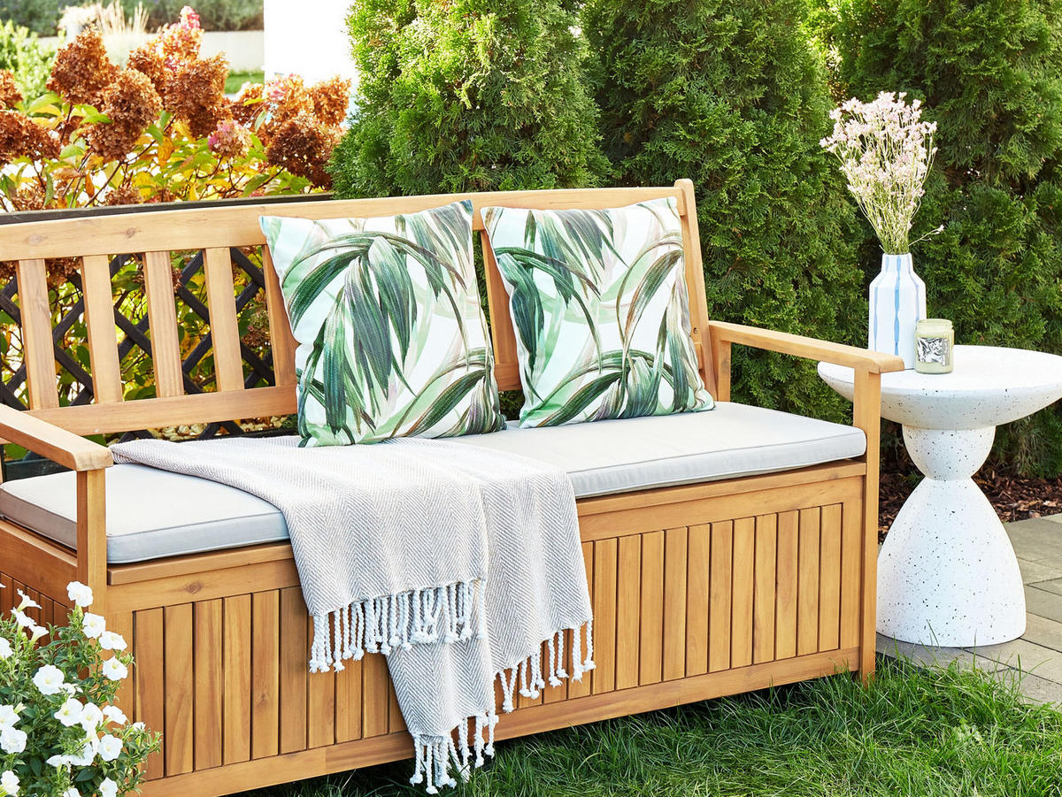 GARTENKISSEN 2er-Set Blattmotiv grün/weiß 45/45 cm Calderina - Grün, Textil (45/45cm) - Beliani