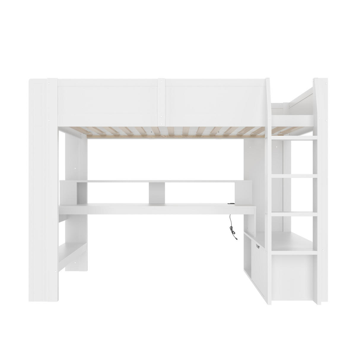 HOCHBETT 90/200 cm mit Schreibtisch, Regal, Schublade und LED-Beleuchtung aus Kiefernholz, Weiß - Weiß, Holz (90/200cm) - Redom