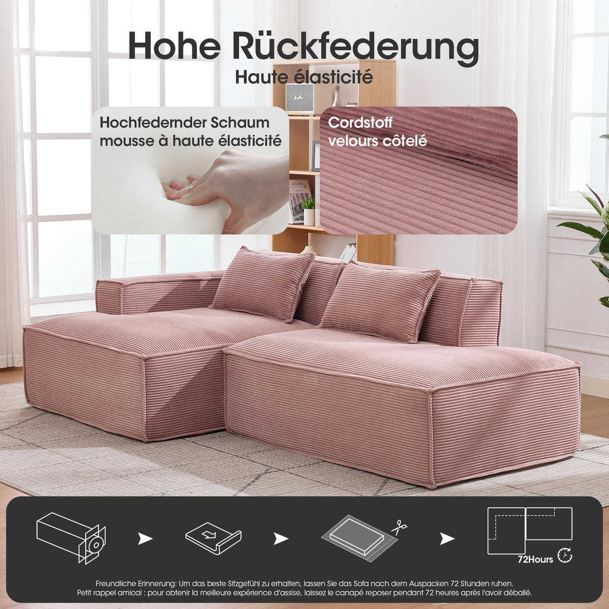 3-SITZER ECKSOFA Polyester Rosa mit 2 Kissen - Rosa, Textil (235/129cm) - WISHDOR