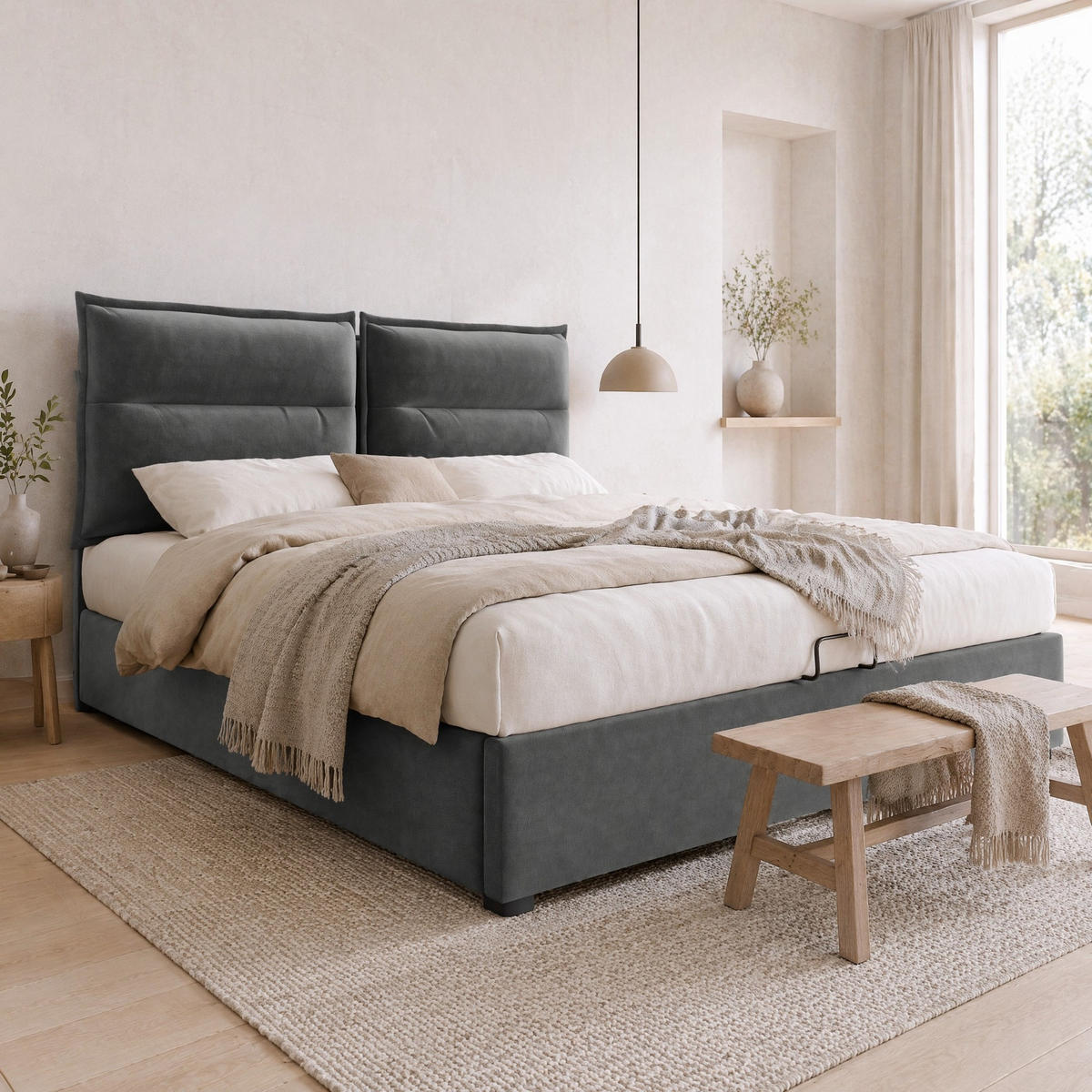 POLSTERBETT 140/200 mit Bettkasten, verstellbarem Kopfteil und Lattenrost in Grau - Grau, Holzwerkstoff/Textil (140/200cm) - EVRYAE