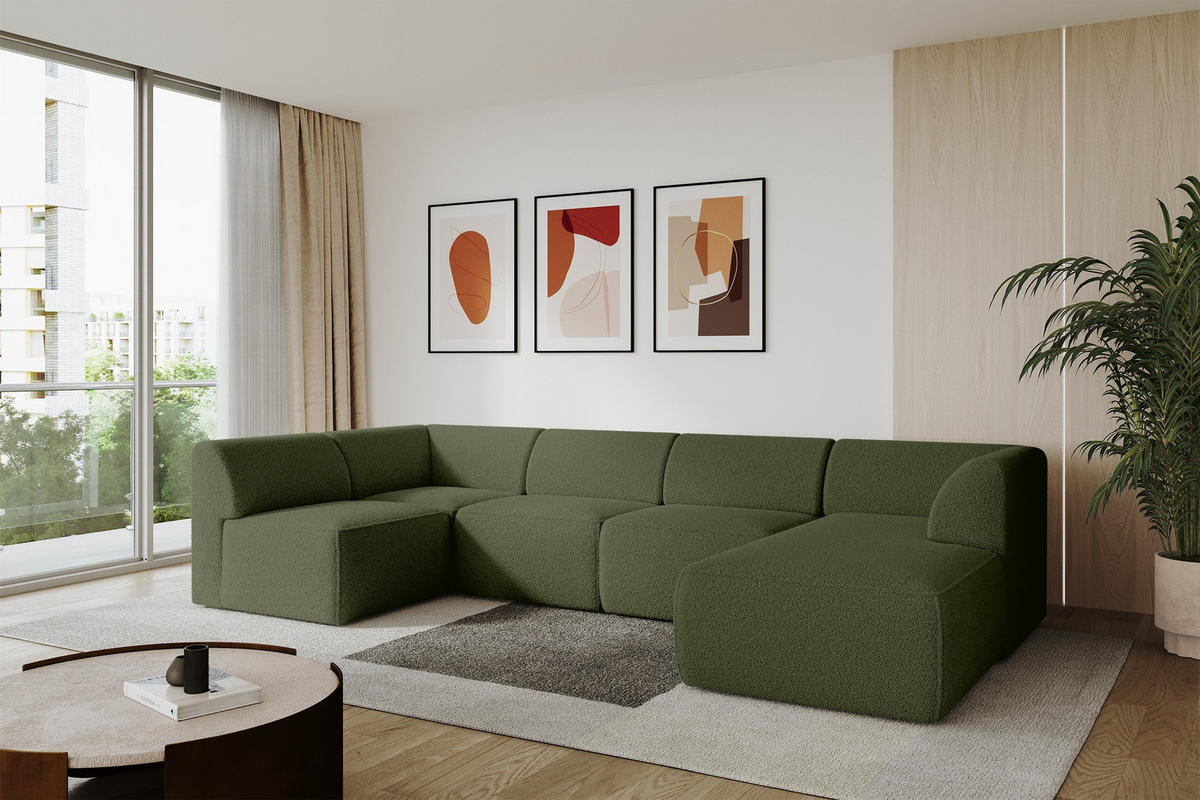 WOHNLANDSCHAFT Ottomane Rechts MOVO-L 345x180x78 cm Grün Bouclé - Schwarz/Grün, Holzwerkstoff/Kunststoff (345/78/180cm) - ALTDECOR
