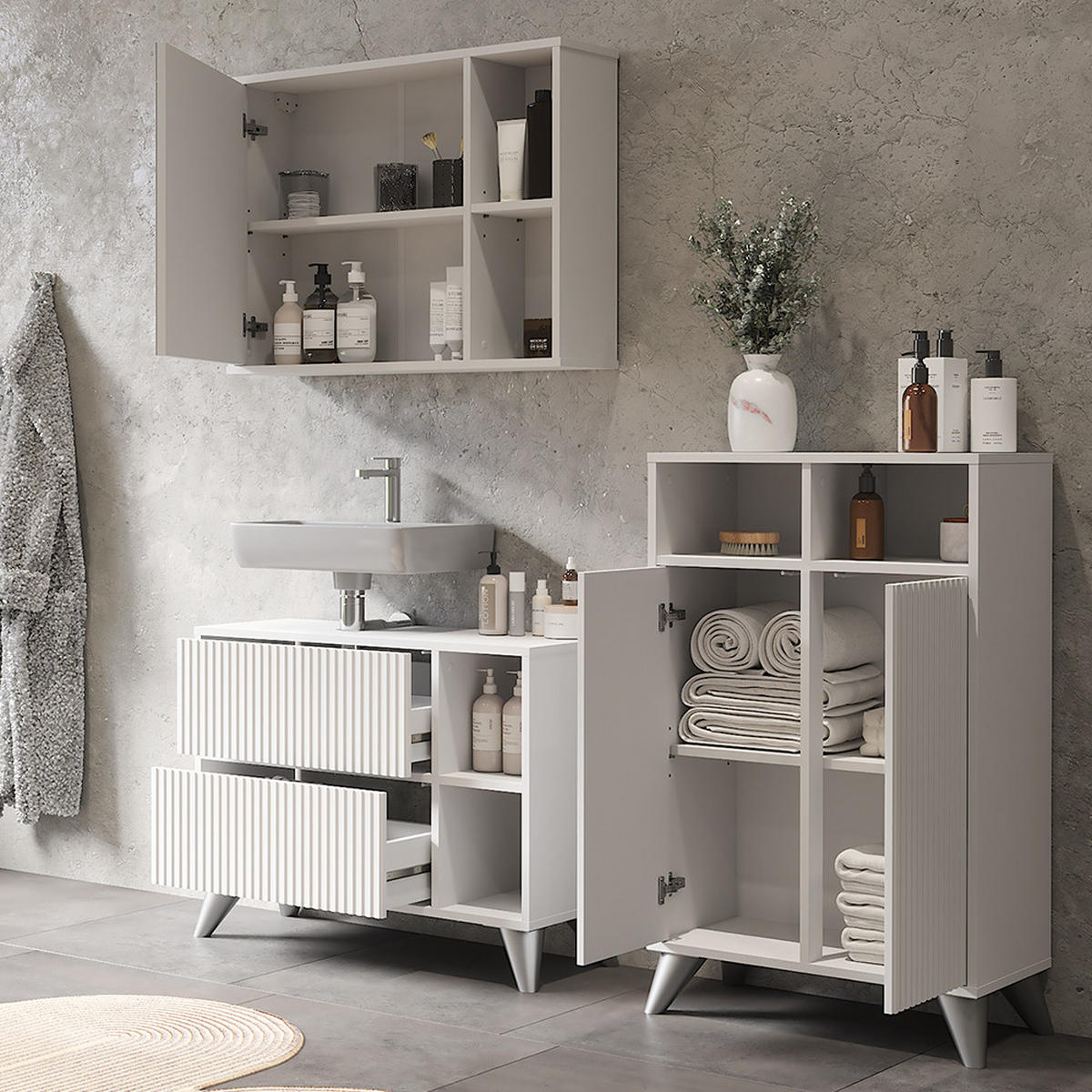 BADMÖBEL-SET Leano Weiß 80 cm, Set 2 - Weiß, Holzwerkstoff (80/62/30cm) - Vicco