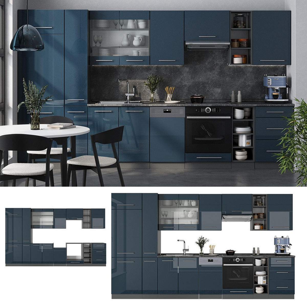 KUHINJSKI BLOK Fame-Line Temno modra barva visokega sijaja/antracit 355 cm , DP Hrast - antracit/temno modra, leseni material (355/206.8/60cm) - Vicco