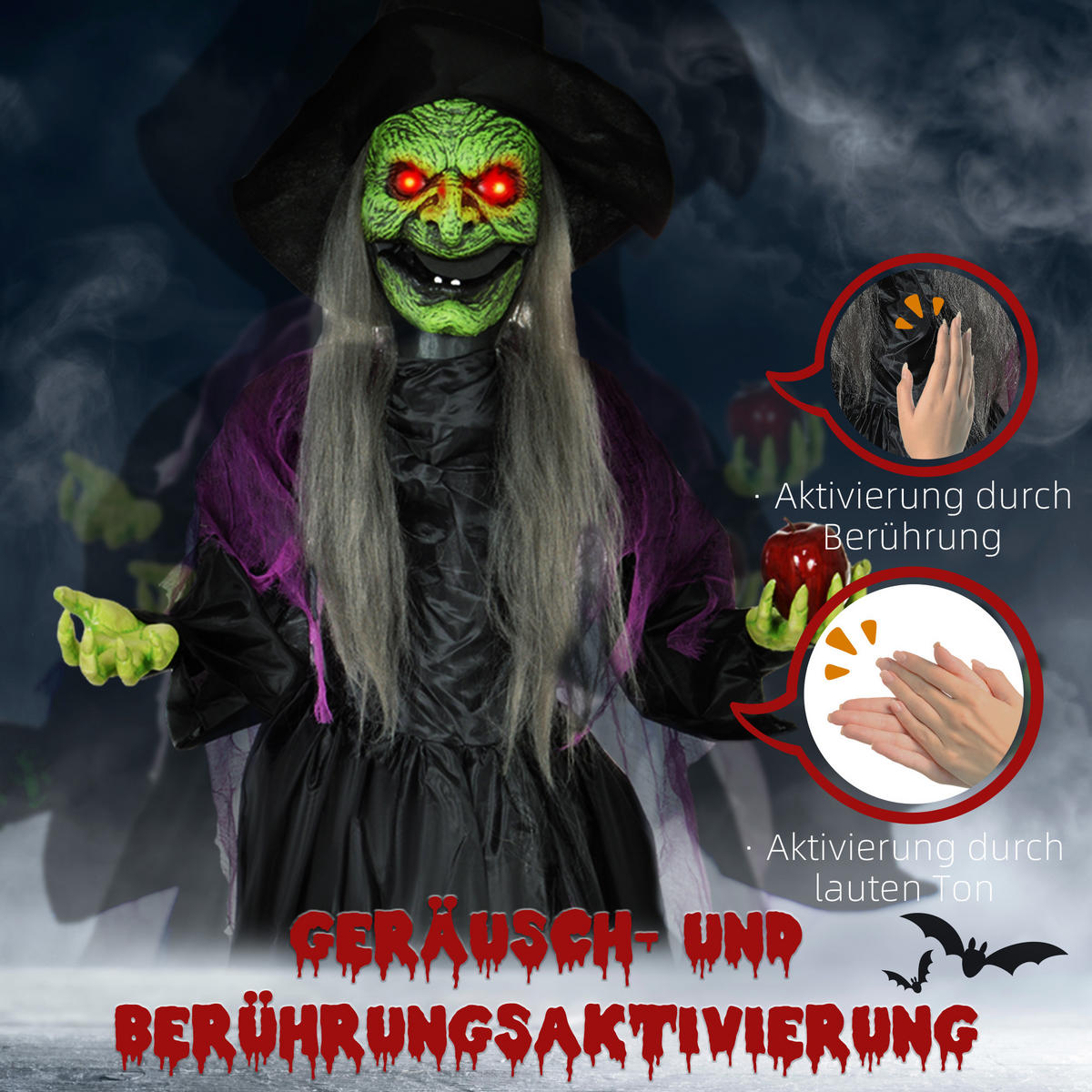 HALLOWEEN DECORATIONS 180cm Halloween-Hexe mit Giftapfel LED-Lichter, Soundfunktion - Schwarz, Kunststoff/Metall (70/180/18cm) - HOMCOM