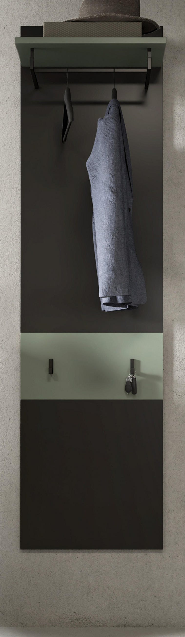 GARDEROBENPANEEL Grau und Salbei, Wandgarderobe 45 x 165 cm, Cooper - Dunkelgrau/Salbeigrün, Holzwerkstoff (45/165/29cm) - Inn.Furn