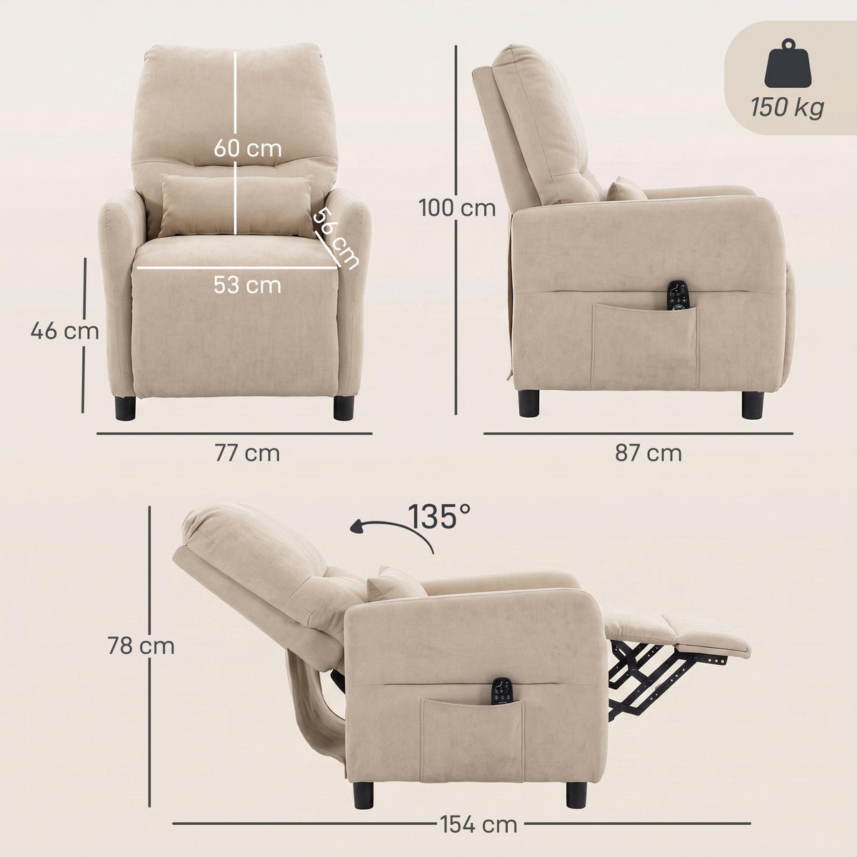 MASSAGESESSEL Polyester Beige - Dunkelgrau/Beige, Holzwerkstoff/Kunststoff (87/100/77cm) - HOMCOM