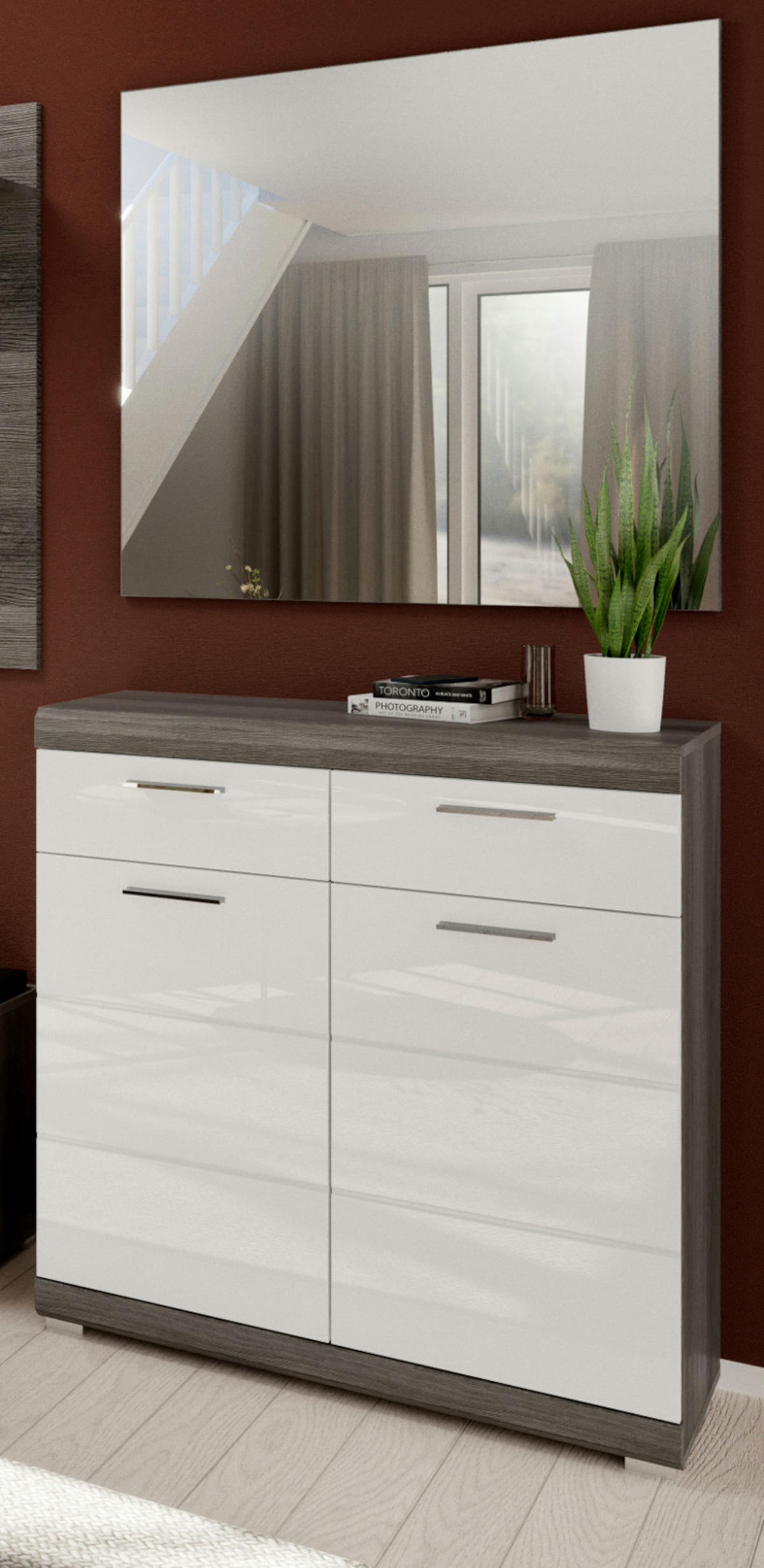 SCHUHSCHRANK weiß Hochglanz, Rauchsilber grau 90 cm, Flur Kommode mit Vollauszug - Chromfarben/Weiß Hochglanz, Holzwerkstoff/Kunststoff (90/96/37cm) - Inn.Furn