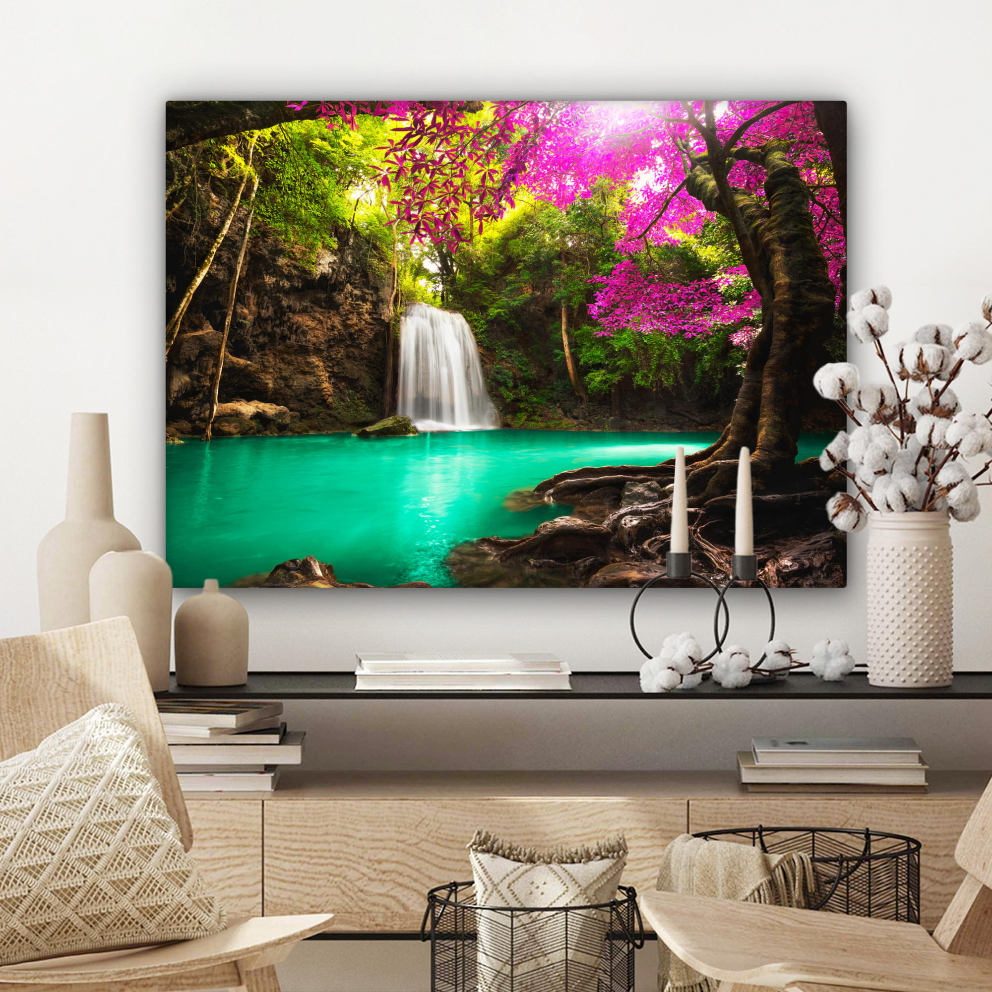 LEINWANDBILD Wasserfall mit bunten Blumen und Bäumen - Natur - Dschungel Wandbilder 80x60 cm - Waldgrün, Textil (80/60cm) - MuchoWow