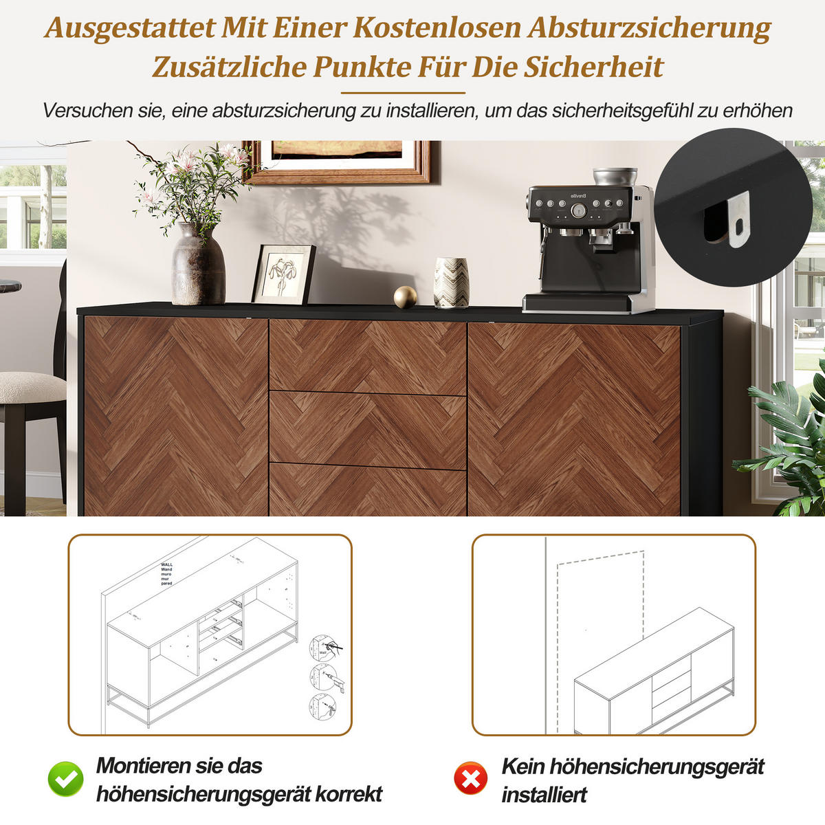 SIDEBOARD aus Spanplatte und Metall 145x40x67 cm Eichefarben-Schwarz mit 3 Schubladen, 2 Türen und verstellbaren Einlegeböden - Schwarz, Metall (145/67/40cm) - Modfu