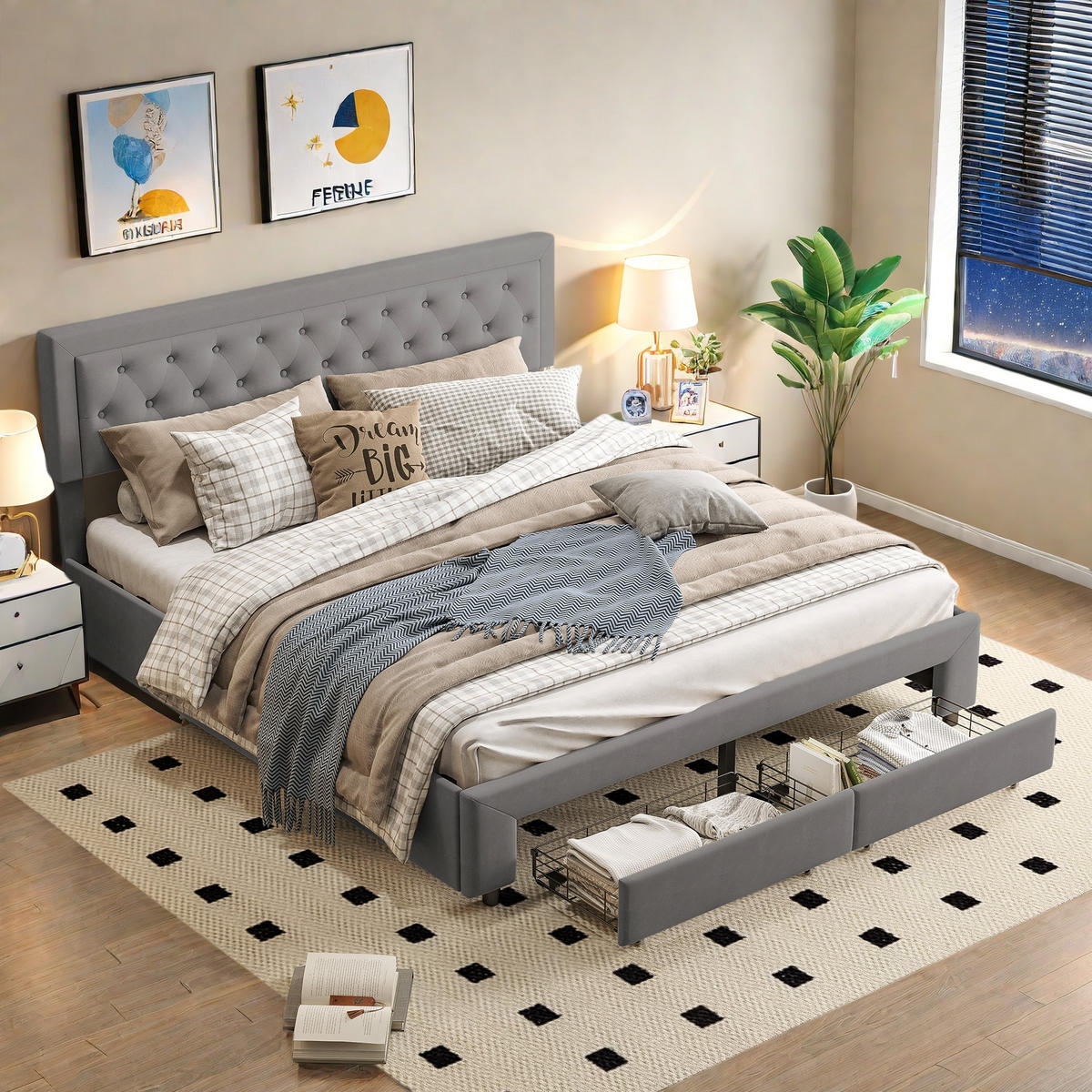 STAURABETT 160x200 Grau Samt mit Schubladen - Grau, Holzwerkstoff (160/200cm) - SHOPENTRA