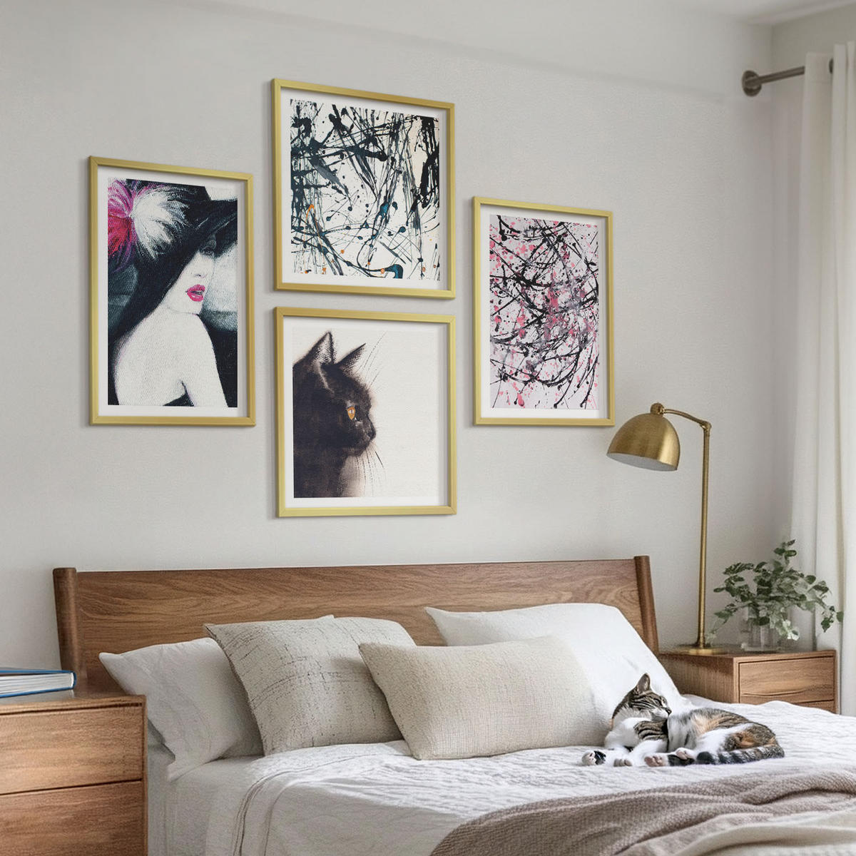 WANDBILDER 4er Set - 50x50 cm & 40x60 cm Goldrahmen - Abstrakte Katzenmalereien - Goldfarben, Kunststoff (50/50cm) - ArtPrintCave