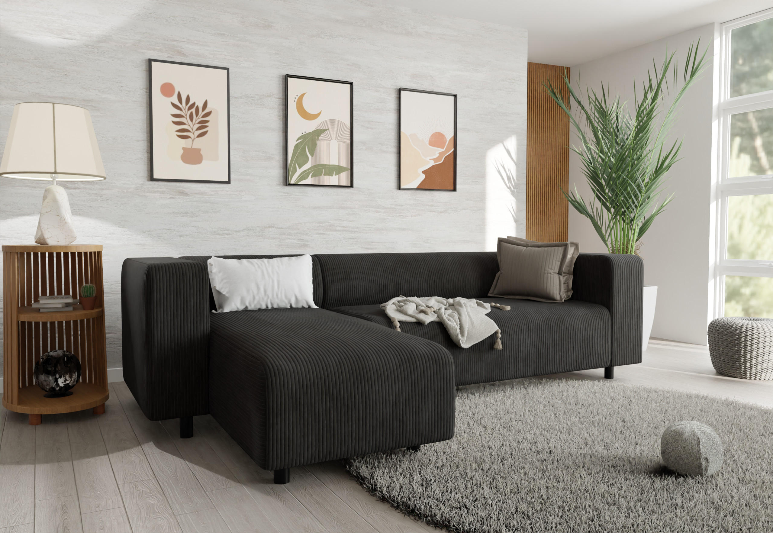 ECKSOFA Tove Schwarz Cord - Ottomane links - Schwarz, Holz/Kunststoff (240/142cm) - S-Style Möbel