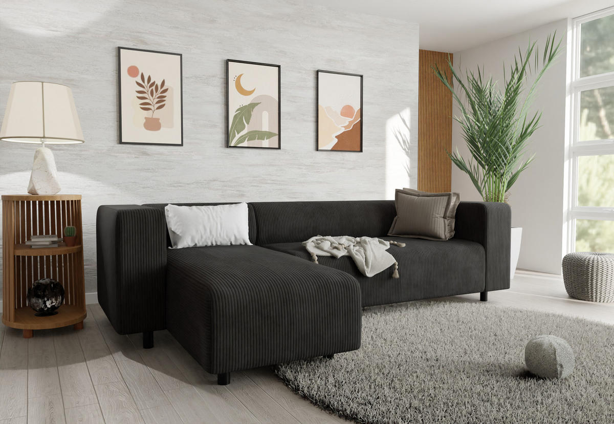 ECKSOFA Tove Schwarz Cord - Ottomane links - Schwarz, Holz/Kunststoff (240/142cm) - S-Style Möbel