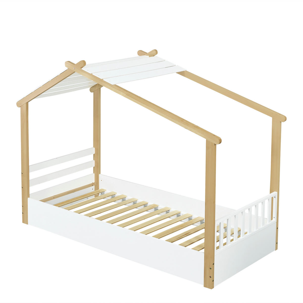 HAUSBETT aus Kiefer, Spanplatte und MDF 90x200 cm Weiß/Natur mit Lattenrost im Holzhausdesign - Weiß, Holzwerkstoff (90/200cm) - Modfu