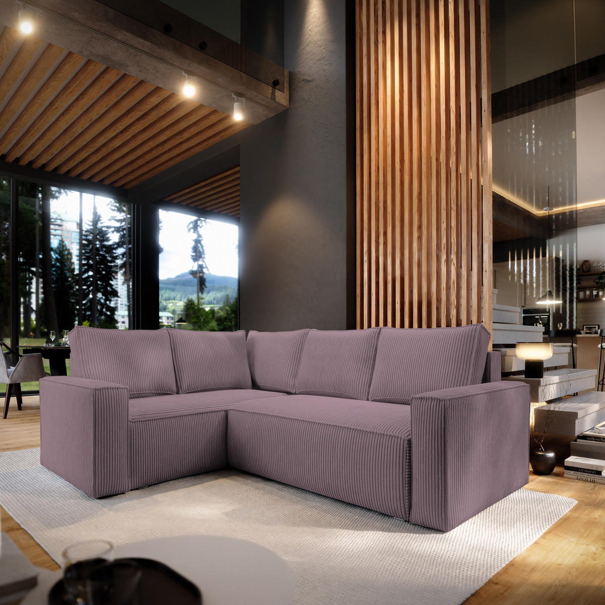 ECKSOFA ESTANO L-S Lila Kordstoff mit Schlaffunktion - Lila, Holz (230/158cm) - MASSENO