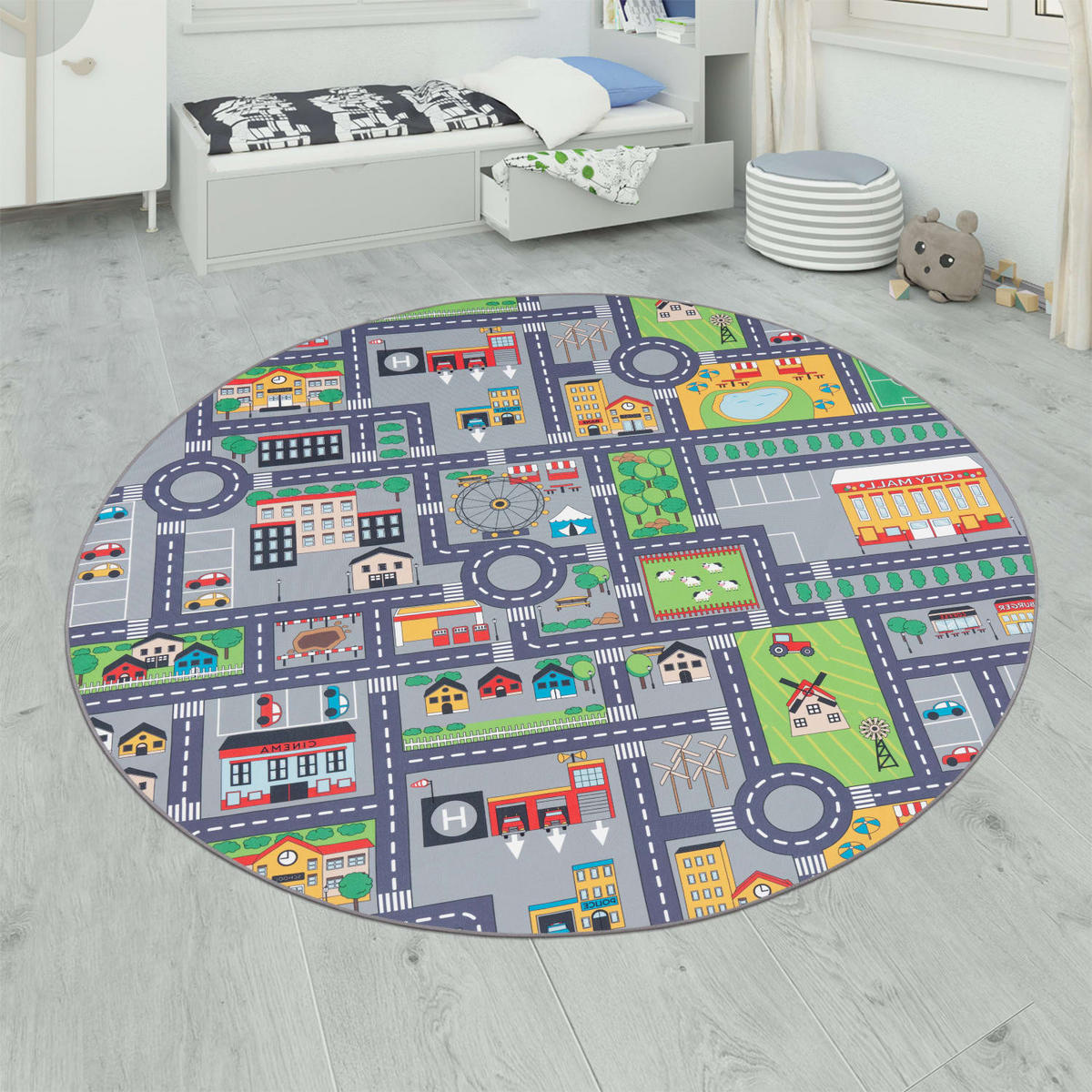 KINDERTEPPICH waschmaschinenwaschbar Stadt‑Land‑Karten‑Muster Kinderzimmer schmutzabweisend Grau Rund 160D - Grau, Textil (160/160cm) - KADIMA DESIGN