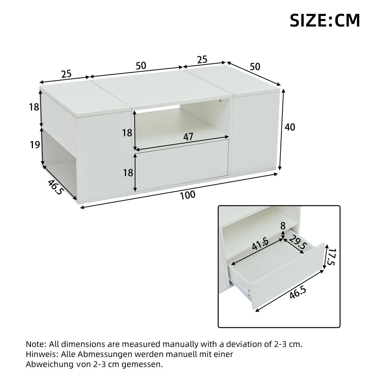 COUCHTISCH aus Spanplatte 100x50x40 cm Weiß mit LED-Beleuchtung und Stauraum - Weiß, Holzwerkstoff (100/50/40cm) - IVMEU