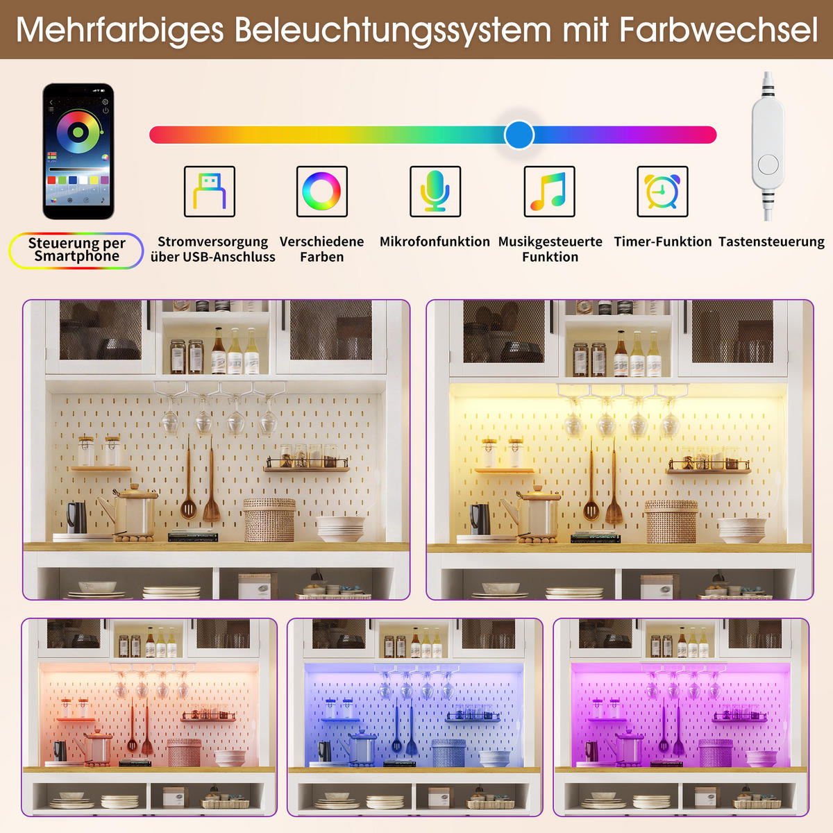 HIGHBOARD in Weiß Mehrzweckschrank mit USB-Anschluss und LED B120/T40/H174.5cm, für Küche Esszimmer - Weiß, Holzwerkstoff (120/174.5/40cm) - STILVORA