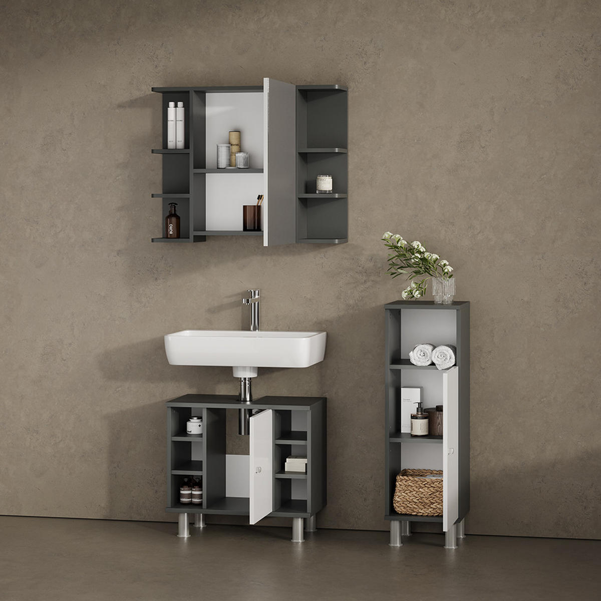 BADMÖBEL-SET Fucino Anthrazit 3 Teile, mit Midischrank - Weiß Hochglanz/Anthrazit, Holzwerkstoff (80/64/21cm) - Livinity®