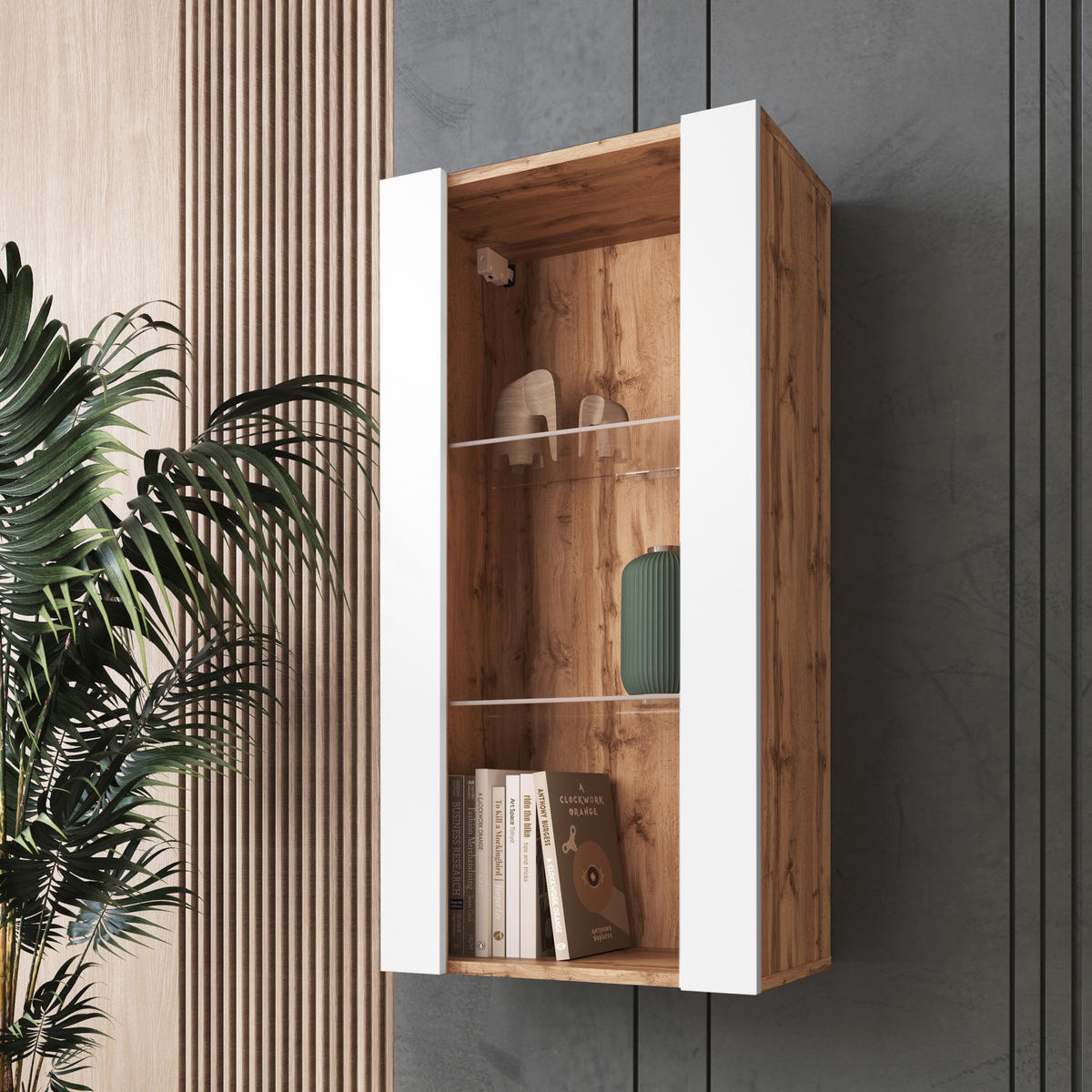 HÄNGEVITRINE TIVOLI Vertical 100, Weiss - Eiche Wotan/Weiß, Glas/Holzwerkstoff (50/100/29.5cm) - Komodee