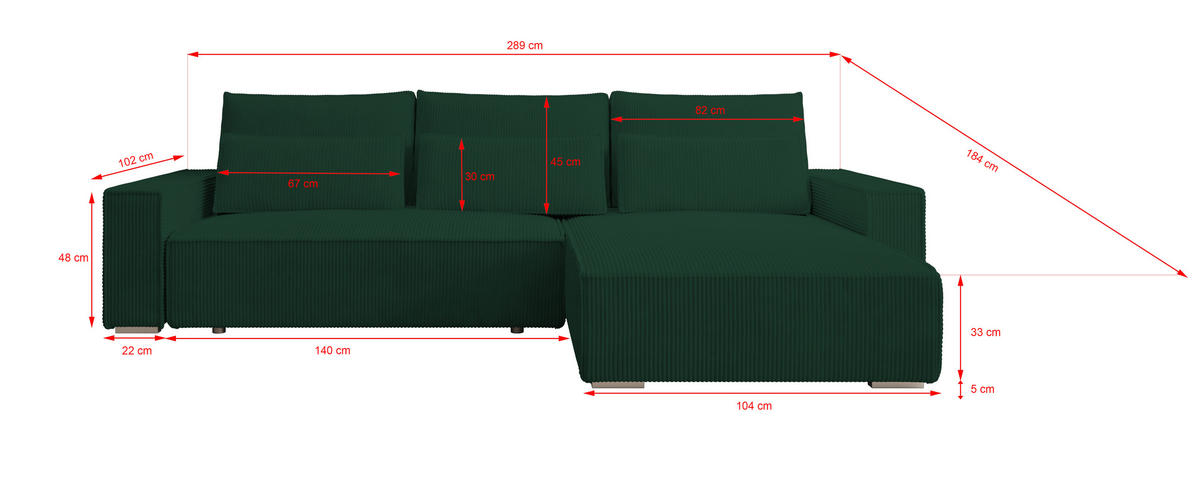 ECKSOFA Alice mit Bettkasten und Schlaffunktion, Cordstoff in L-Form - Grün, Textil (289/184cm)