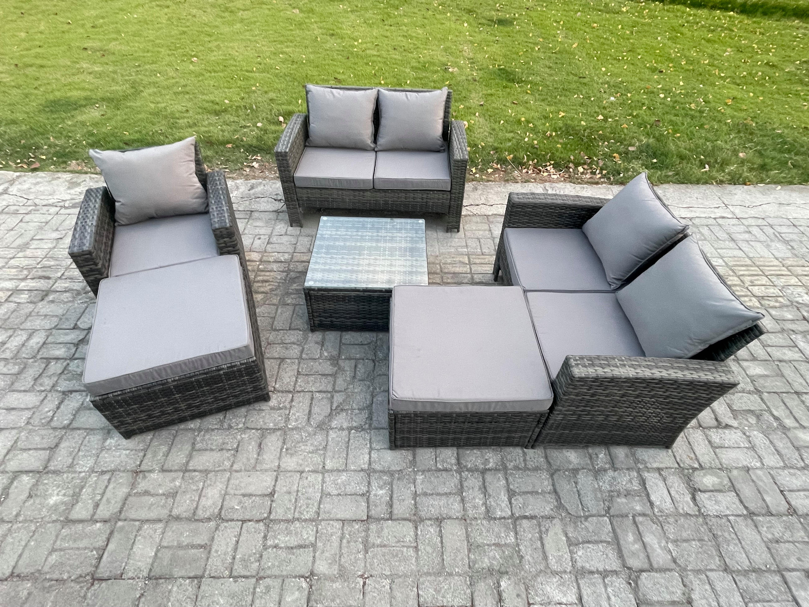 GARTENMÖBEL-SET mit Kissen Polyrattan Dunkelgrau 7-Sitzer - Dunkelgrau, Metall - Fimous