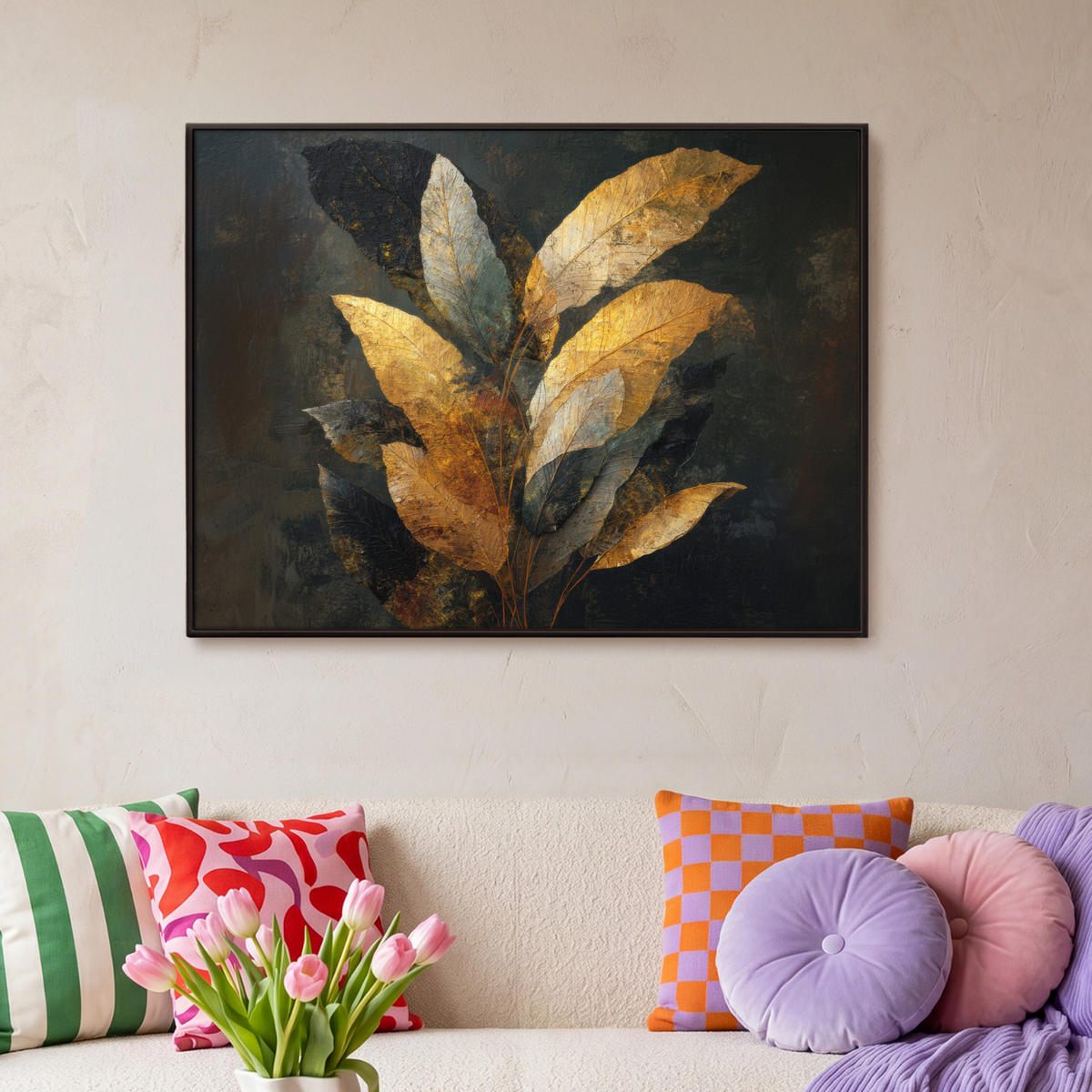 LEINWAND Bilder mit Rahmen - Golden Leaf Komposition - Botanical Luxury - 100x70 - Goldfarben, Textil (100/70cm) - MuchoWow