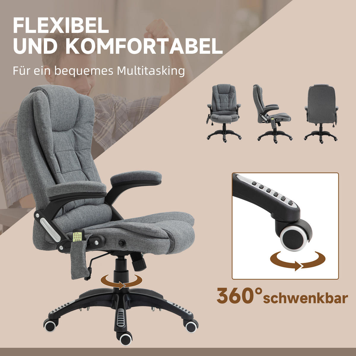 MASSAGESESSEL Chefsessel Gamingstuhl Drehstuhl Massagebürostuhl Grau - Schwarz/Grau, Kunststoff/Textil (74/116/67cm) - Vinsetto