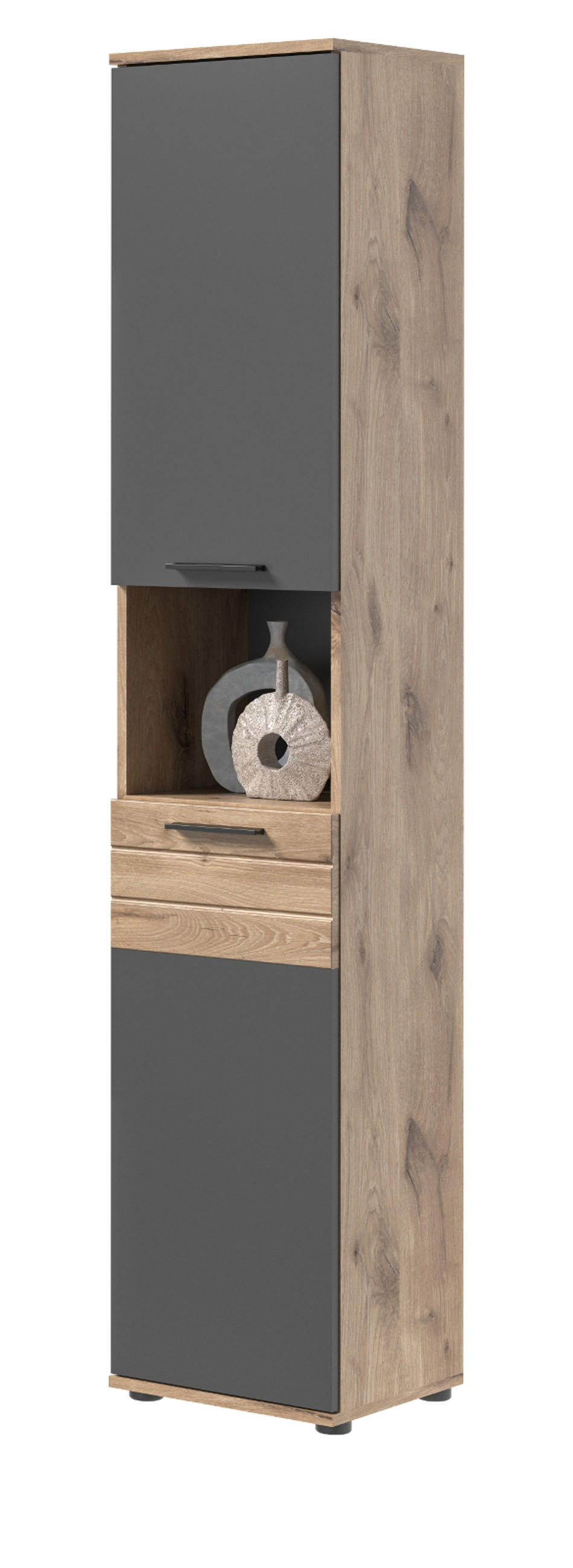 HOCHSCHRANK Eiche, grau 37 cm Badschrank mit Soft-Close, Badezimmereinrichtung - Eichefarben/Schwarz, Holzwerkstoff/Kunststoff (37/190/34cm) - Inn.Furn