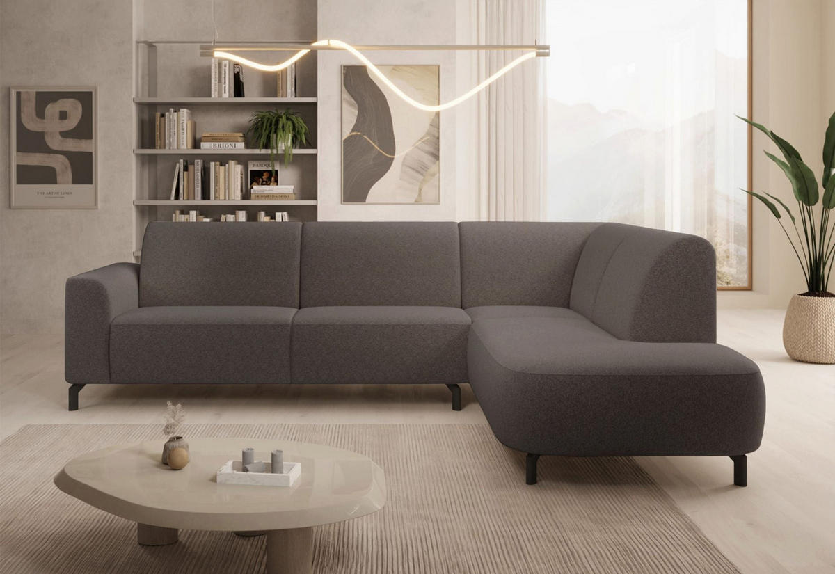 ECKSOFA Lununa Graubraun mit Armlehne, Bouclé, Ottomane rechts - Taupe/Schwarz, Textil/Metall (218/277cm) - Selsey