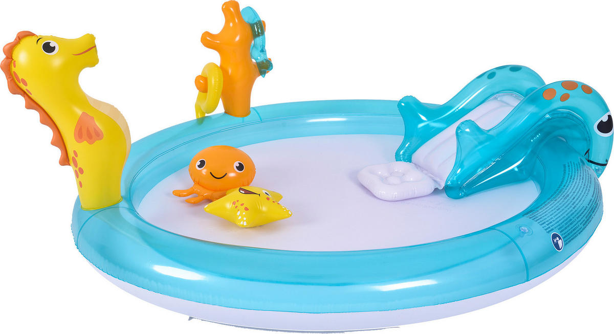 SUNCLUB Planschbecken „Seepferdchen“ aufblasbar – Kinderpool 200 x 152 x 66 cm mit Wassersprüher & Rutsche - Blau, Kunststoff (200/152/66cm) - SunClub