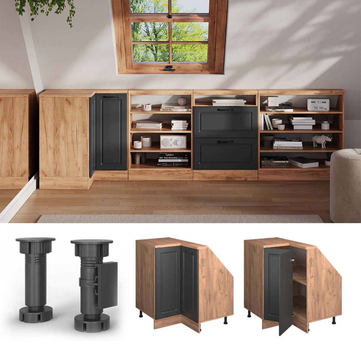 DACHSCHRÄGENSCHRANK ECKSCHRANK Rion Anthrazit Landhaus/Goldkraft Eiche 75.6 x 81.6 cm mit 1 Tür - Honigeiche/Anthrazit, Holzwerkstoff (75.6/81.6/75.6cm) - Vicco