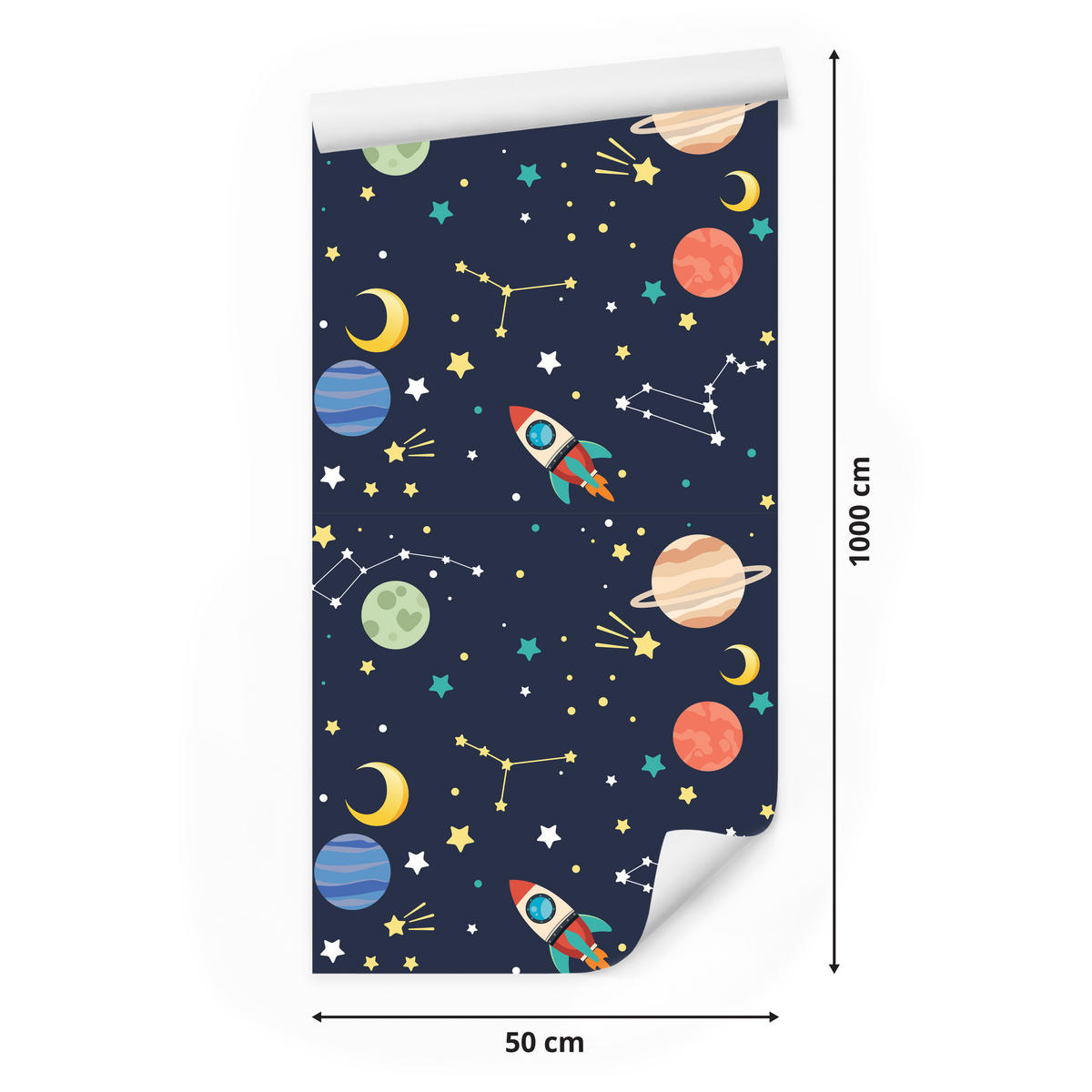 VLIESTAPETE Weltraum, Planeten und Raketen – Dunkelblau, Bunt – 50x1000 cm - Multicolor/Dunkelblau, Papier (50/1000cm) - Muralo