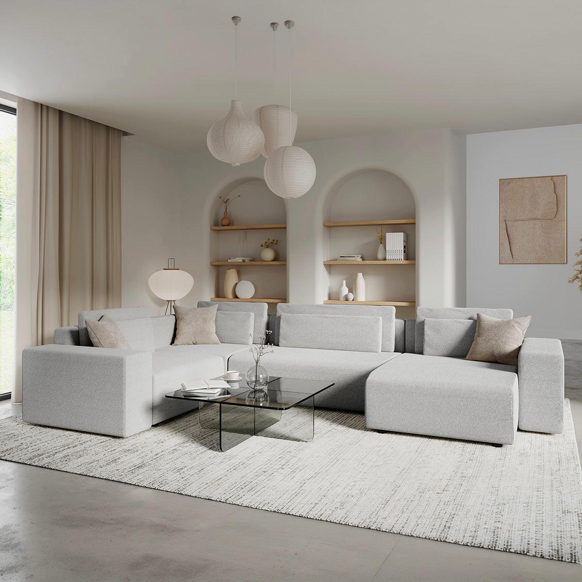 PANORAMASOFA Lorenzo 5 Sitzplätze Hellgrau - Grau, Holz (378/85/236cm) - Petits-meubles