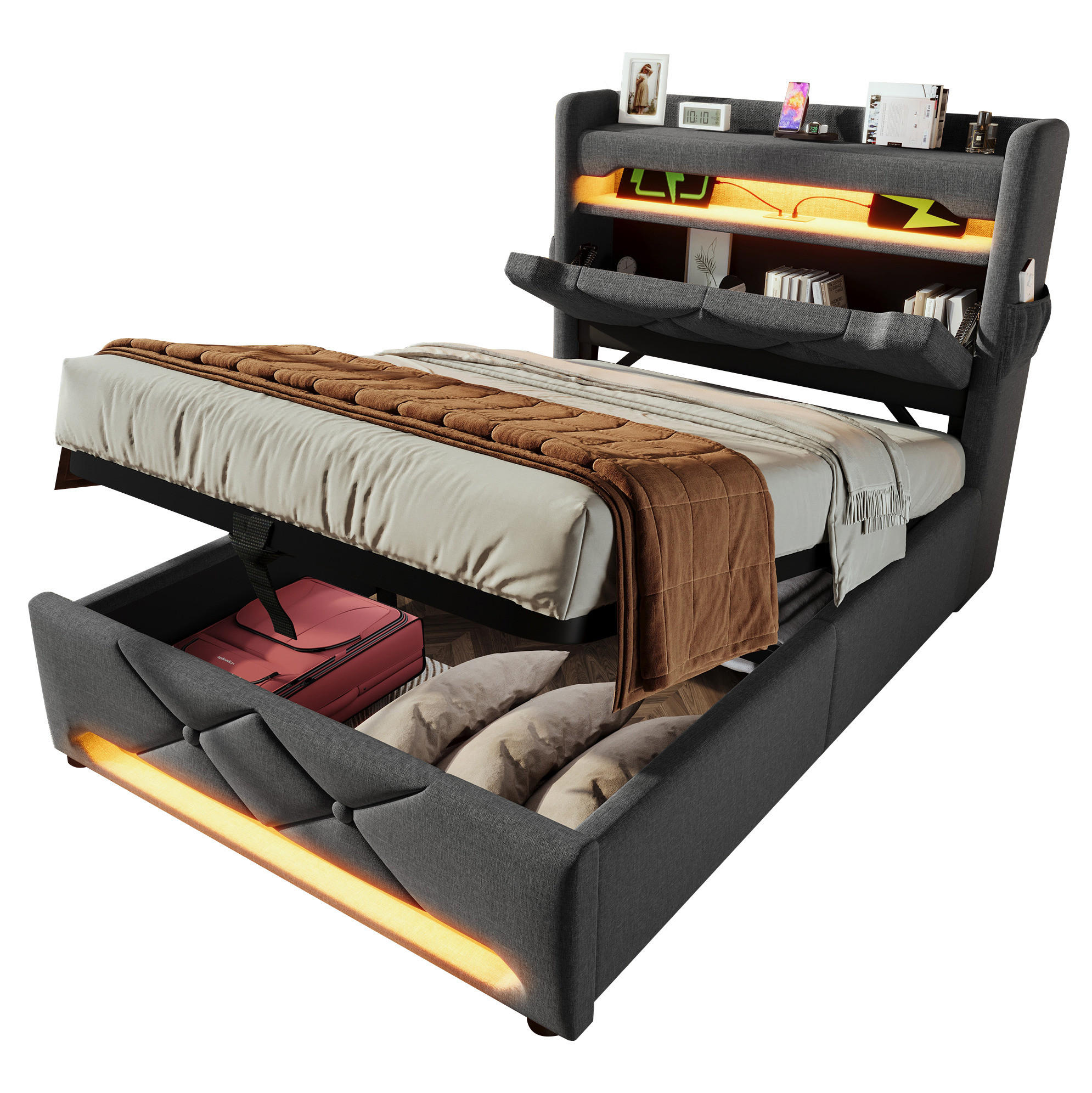 POLSTERBETT 90/200 cm Grau mit Stauraum und USB-Anschluss - Grau, Textil (90/200cm) - OKWISH