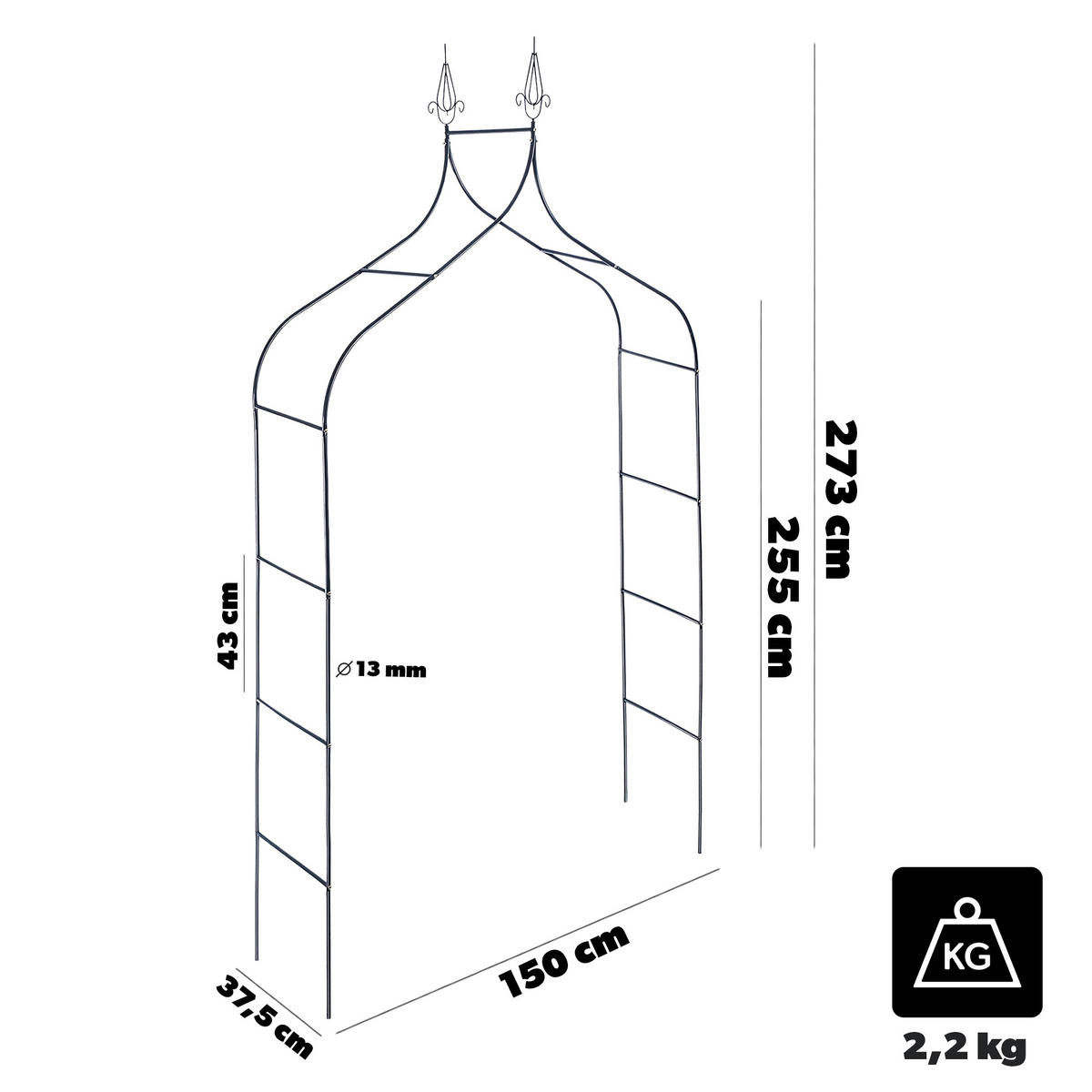 GARTENBOGEN für Kletterpflanzen, Wetterfeste Pergola, Rankgitter, 150x273 cm - Schwarz, Metall (37.5/237/150cm) - KADAX